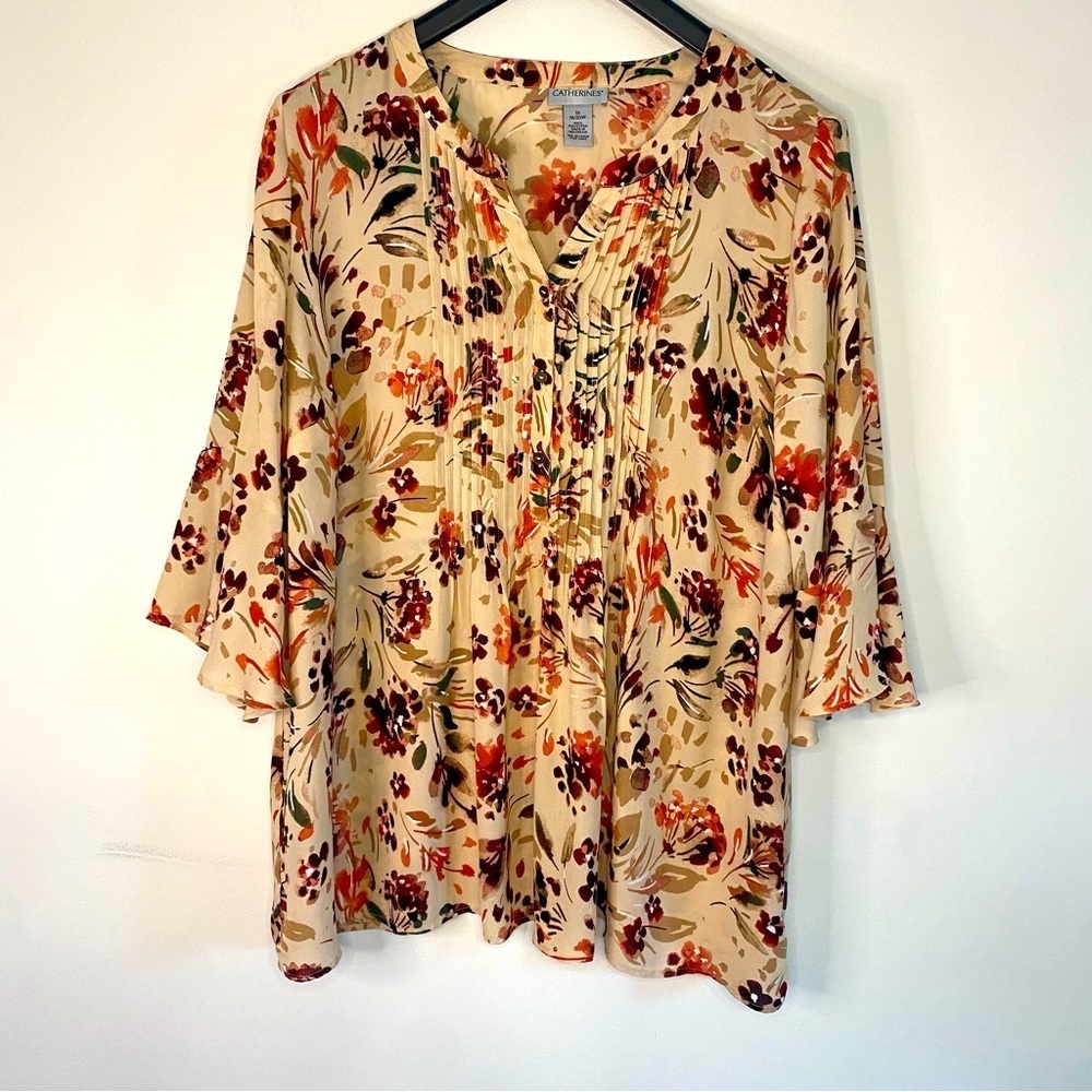 Catherines Pink Floral Short Bell Sleeves Button Flowy Fall Top Blouse Size 1X